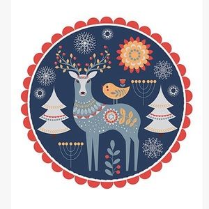 NIB Scandinavian Folk Art Blue Red Deer Christmas Round Jigsaw Puzzle 120 pieces